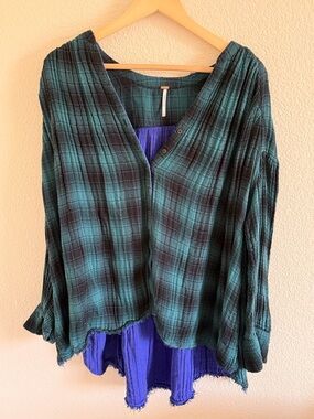 Free People Plaid Button Up Women’s Top in Teal and Black